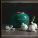 Gingerpot and white onions on dark background